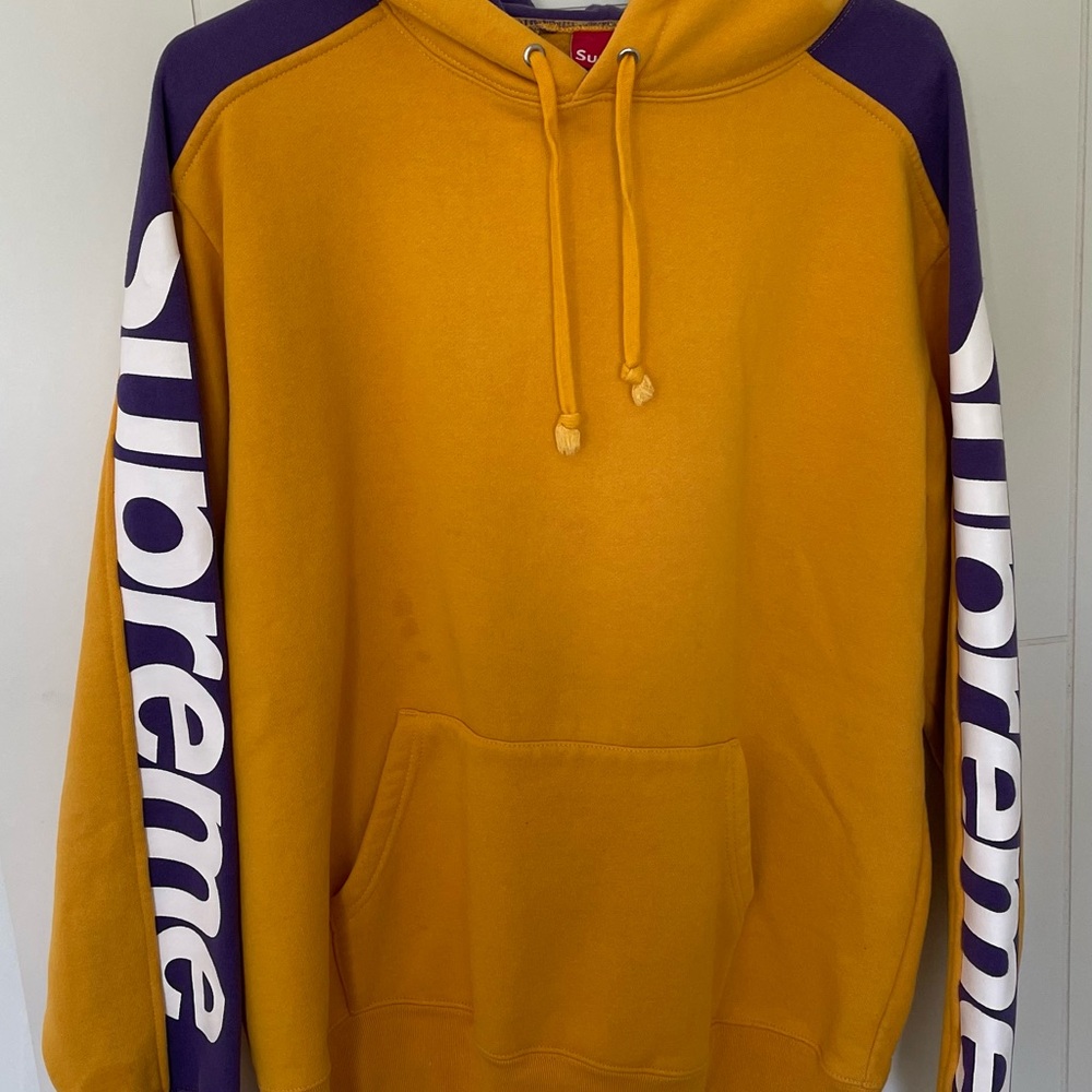 Supreme Mustard Hoodie with Purple Sleeves